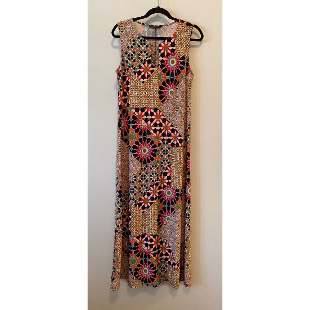 Ellen Weaver Sleeveless Midi Dress Bold Geometric Print Gold Rings Neck Accent M